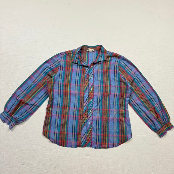Vintage 80s Laura Mae Plaid Button Front Blouse, Size 12 - Picture 1 of 7